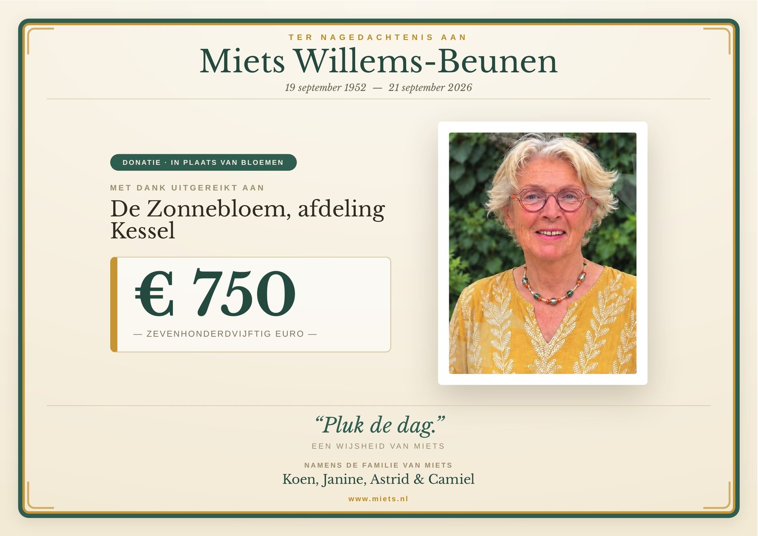 Cheque voor De Zonnebloem, afdeling Kessel